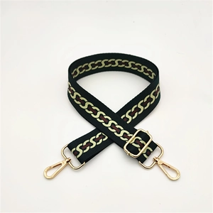 Detail view of adjustable chain pattern bag strap with gold metal spring buckles