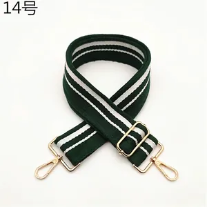 Close-up of dark green canvas strap with white stripes and gold metal hardware