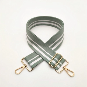 Adjustable grass green striped canvas bag strap with golden metal swivel hooks