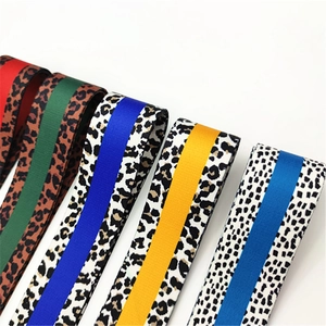 Close-up of leopard print bag straps with colorful central stripes on white background