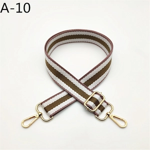 Detail view of striped woven bag strap with golden metal swivel hooks and buckles