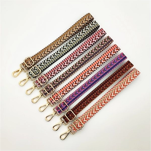 Close-up of colorful chevron patterned bag straps with gold metal swivel hooks and buckles