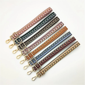 Adjustable wide replacement straps for handbags with geometric ethnic weaving and gold hooks