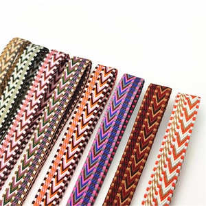 Close-up of woven bag straps with colorful geometric V-patterns and durable texture