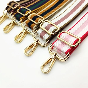 Close-up of adjustable striped fabric bag straps with premium gold alloy lobster clasps