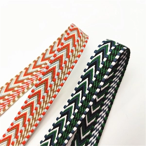 Detail of chevron woven handbag straps in orange, beige, green and blue patterns