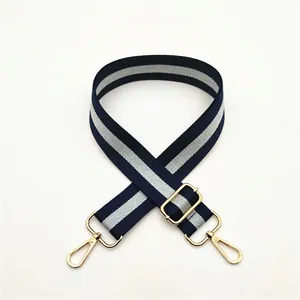 Detail of adjustable navy and silver striped replacement shoulder strap with gold clips