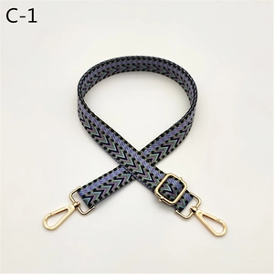 Detail of colorful patterned bag strap with golden metal swivel hooks and adjuster
