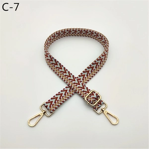 Detail of red, white and blue woven geometric strap with golden metal lobster clasps