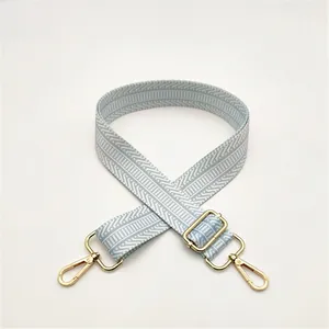 Detail of light blue and white woven shoulder strap with gold metal lobster clasps