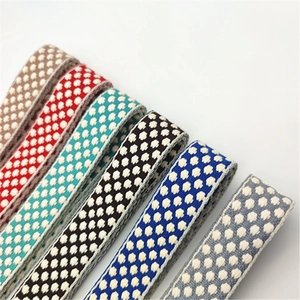 Close-up of thickened colorful polka dot cotton bag straps with woven texture