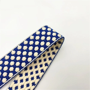 Macro shot of blue and white polka dot jacquard woven strap with thick texture