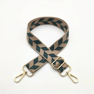 Adjustable woven shoulder strap for handbags with green and khaki leaf pattern and gold hooks