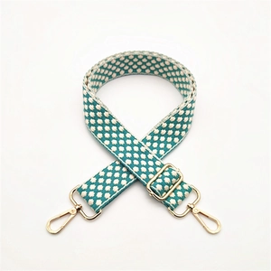 Adjustable wide cotton shoulder strap for handbags with teal geometric polka dot pattern