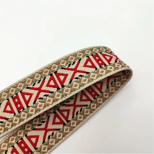 Close-up of thickened woven shoulder strap with colorful ethnic geometric jacquard patterns