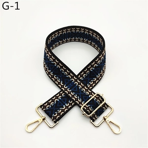 Detail of adjustable geometric strap with gold-tone hardware and blue ethnic pattern