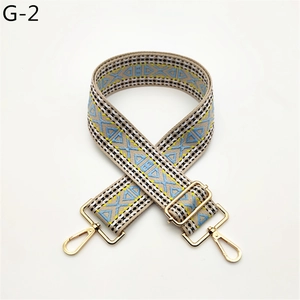 Close-up of adjustable woven strap with blue and yellow geometric patterns and gold clips