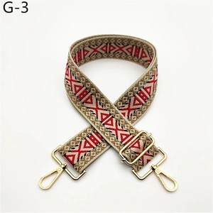Detail of adjustable ethnic style woven strap with golden lobster clasps and geometric pattern
