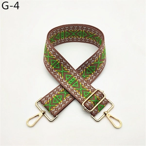 Close-up of ethnic embroidered wide bag strap with geometric patterns and gold buckle
