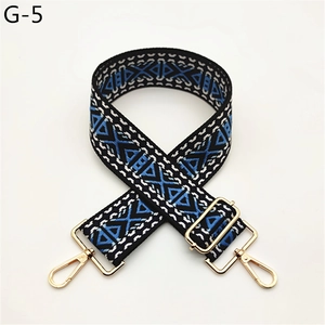 Detail of thickened wide shoulder strap with ethnic embroidery and gold metal hooks