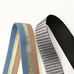 Close-up of metallic stripe texture and intricate weave pattern on adjustable bag straps