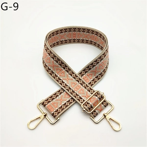Detail of thickened geometric patterned bag strap with golden metal lobster clasps