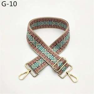 Detail of bohemian geometric woven bag strap with adjustable gold metal buckles