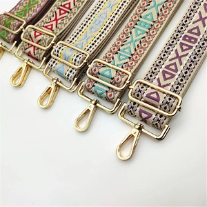 Close-up of ethnic woven handbag straps with geometric patterns and gold metal buckles