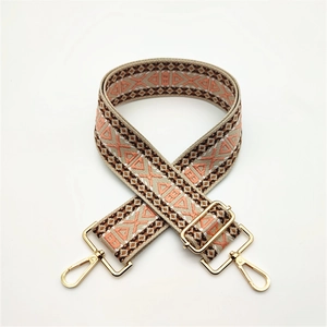 Adjustable wide replacement shoulder strap with ethnic geometric pattern and gold buckles