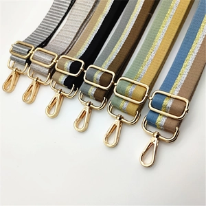 Detail of adjustable woven straps with gold-finished buckles and glitter stripe accents