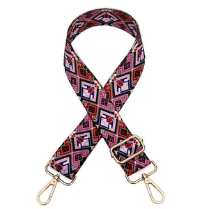 Close-up of adjustable woven shoulder strap with colorful bohemian geometric patterns