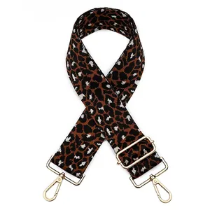 Detail of adjustable leopard print bag strap with premium gold metal lobster clasps