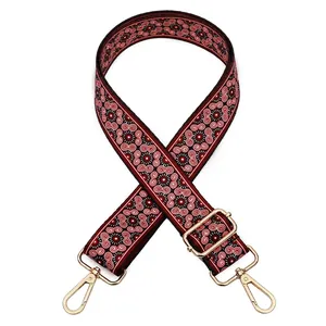Close-up of No. 19 vintage ethnic woven bag strap with red patterns and gold hardware