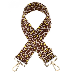 Wide leopard print bag strap with yellow accents and adjustable golden metal hardware