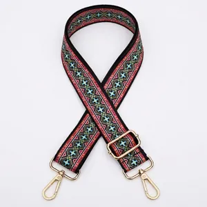Detailed view of tribal geometric pattern bag strap with gold metal lobster clasps