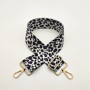 Adjustable wide replacement shoulder strap with purple leopard print and gold hardware