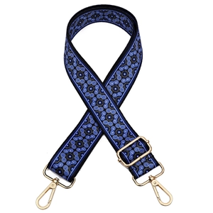 Adjustable wide replacement strap with blue vintage floral pattern and gold metal hooks