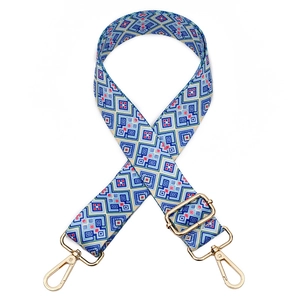 Adjustable geometric ethnic style bag strap with blue red pattern and gold metal hooks