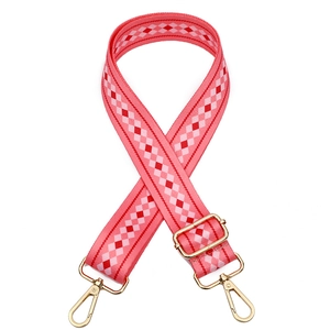 Pink and red diamond pattern adjustable crossbody handbag strap with gold metal hooks