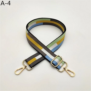 Detail of adjustable woven replacement shoulder strap with colorful geometric block patterns