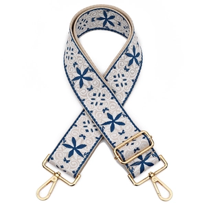 Adjustable blue floral embroidery shoulder strap with gold hooks for cross-body bags