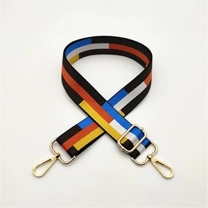 Adjustable geometric woven shoulder strap with gold-tone metal hooks for women bags