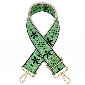 Adjustable floral embroidered bag strap with green pattern and gold metal hooks