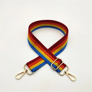 Detailed view of rainbow striped woven bag strap with polished gold metal hardware