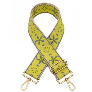 Ethnic style wide embroidered bag strap with floral patterns and gold metal hooks