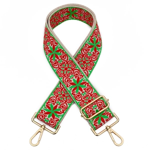 Ethnic style embroidered wide bag strap with red floral pattern and gold hooks