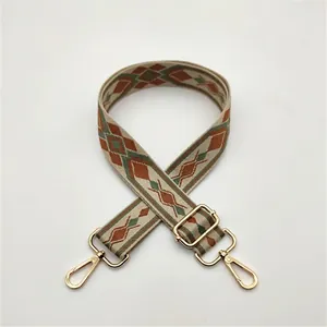 Close-up of geometric woven shoulder strap with gold alloy hooks and adjustable buckle
