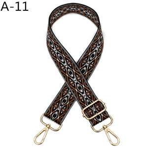 Macro detail of adjustable nylon bag strap with orange geometric pattern and gold hardware