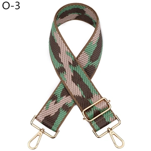 Detail of widened thick woven bag strap with green and brown geometric pattern and gold hardware