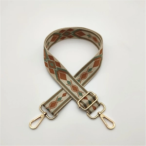Adjustable woven replacement shoulder strap with retro geometric patterns and gold hooks